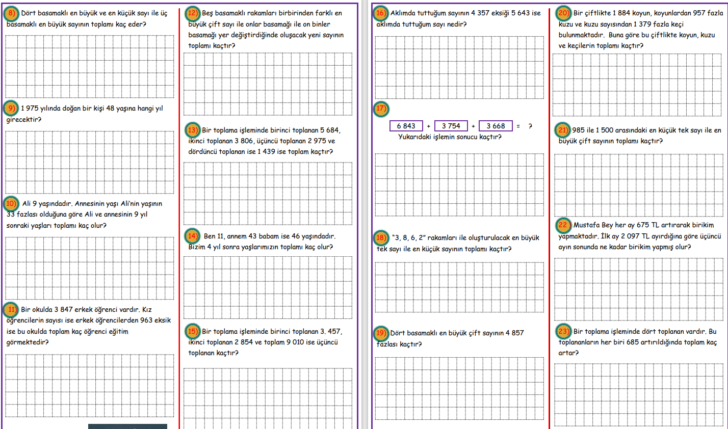 4 Sınıf Toplama Problemleri 2 etkinlikhane