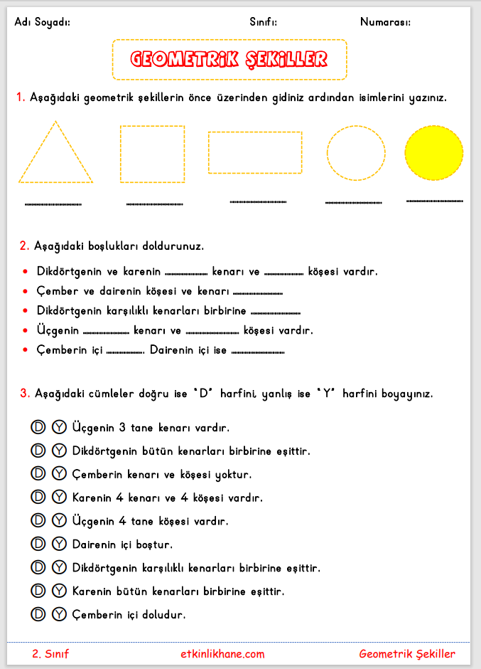 2. Sınıf Geometrik Şekiller Etkinliği