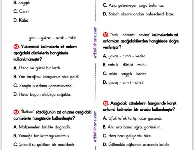 4. Sınıf Zıt Anlamlı Kelimeler Etkinlikleri arşivleri - etkinlikhane