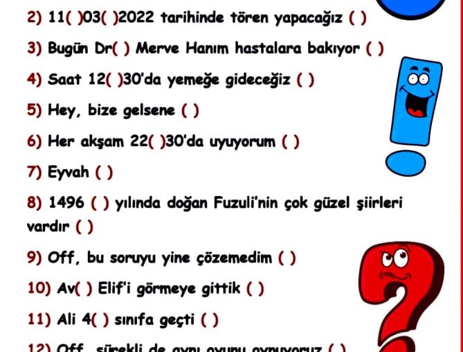 4. Sınıf Nokta, Ünlem ve Soru İşareti Konu Anlatımı ve Etkinlikleri